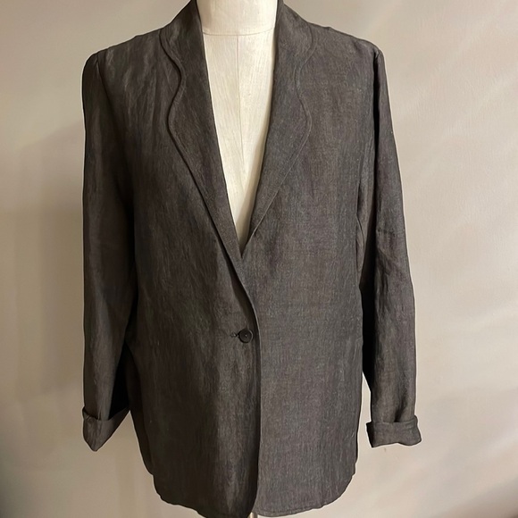 EILEEN FISHER soft brown linen one button blazer jacket side pockets size Med - Picture 1 of 13
